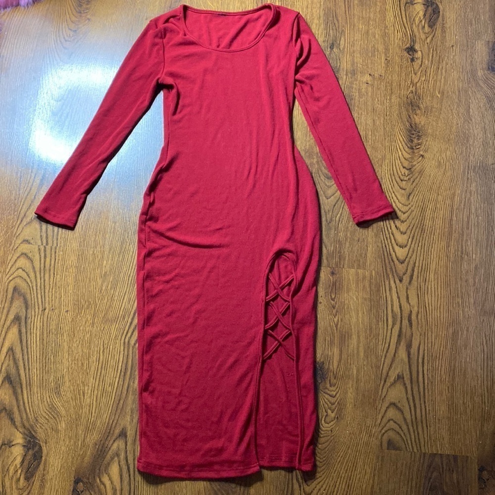 🌷 Sexy🌷 Ribbed Knit High Slit Long Sleeve Dress Burgundy